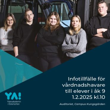 👋 Är du vårdnadshavare till en elev i åk 9? Välkommen på informationstillfälle till YA, Campus Kungsgården i Gamla Vasa lördagen 1.2 kl 10-12.20!

I fem olika infopass berättar vi om alla våra utbildningar, om kombiexamen, om att bo på internat etc. Se hela programmet på www.yrkesakademin.fi/nyheter

Samma dag ordnar vi Öppet Hus, så efter infotillfället kan du bekanta dig med våra utrymmen, verkstäder och internatet. Du kan också ta del av olika aktiviteter på campus, äta brunch, lunch eller ta en kaffe hos oss. Hela programmet till Öppet Hus finns på www.yrkesakademin.fi/nyheter

Vi ses! 👋 

#yaösterbotten #gemensamansökan