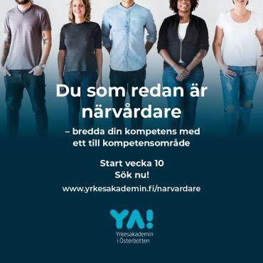 Passa på och bredda din kompetens som närvårdare! 

Utbildningarna förverkligas som flerformsstudier inkl. utbildningsavtal eller som läroavtal, med närstudier 1 (-2) dagar per vecka. Med ett läroavtal inom området kan du jobba parallellt med studierna. Beräknad studietid är 10-12 månader eller enligt din personliga utvecklingsplan för kunnande (PUK).

Följande kompetensområden startar vecka 10:

Vasa:

🔹Kompetensområdet för sjukvård (KOSV)
🔹Kompetensområdet för pedagogisk verksamhet och vård av barn och unga (KOBU)
🔹Kompetensområdet för vård och rehabilitering av äldre (KORÄ)

Pedersöre:

🔹Kompetensområdet för sjukvård (KOSV)
🔹Kompetensområdet för pedagogisk verksamhet och vård av barn och unga (KOBU)
🔹Kompetensområdet för vård och rehabilitering av äldre (KORÄ)

Närpes:

🔹Kompetensområdet för sjukvård (KOSV)
 

För mer information om olika möjligheter mm kontakta:

🔹Birgitta Källberg, birgitta.kallberg@yrkesakademin.fi tel. 044-750 31 45 (Pedersöre)
🔹Anna-Lena Stenbacka, anna-lena.stenbacka@yrkesakademin.fi tel. 050-7503298 ( Vasa)
🔹Britt-Marie Lindqvist,  britt-marie.lindqvist@yrkesakademin.fi tel. 050-4070057 (Närpes) 

#yaösterbotten #närvårdare #utbildningenfördig