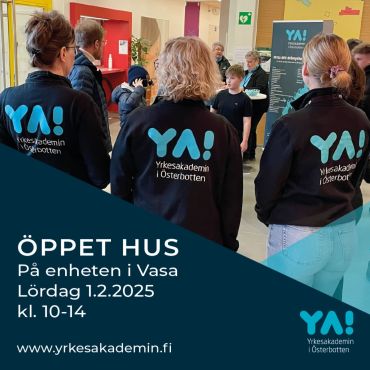 🤗 Välkommen på Öppet Hus till YA, Campus Kungsgården, Gamla Vasa, lördagen 1.2 kl 10-14! 

🤩 Kom och bekanta er med våra utbildningar, titta in i verkstäderna, besök internatet, ta del av olika aktiviteter som ordnas på Campus, ät brunch, lunch eller ta en kaffe! ☕️

👉 Se hela programmet på www.yrkesakademin.fi/nyheter

Vi ses! 🤗

#yaösterbotten #öppethus